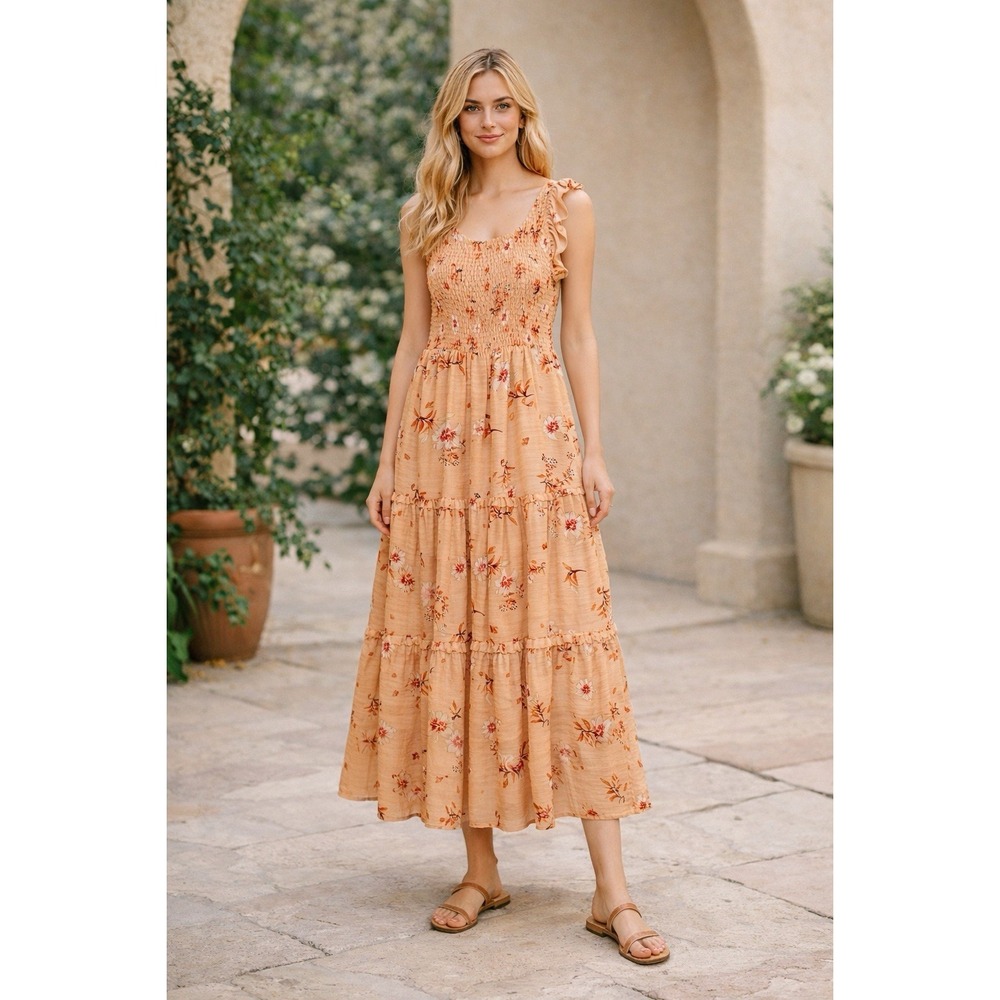 Melloday Women's Large Peach‎ Boho Floral Smocked  Tiered Maxi Dress